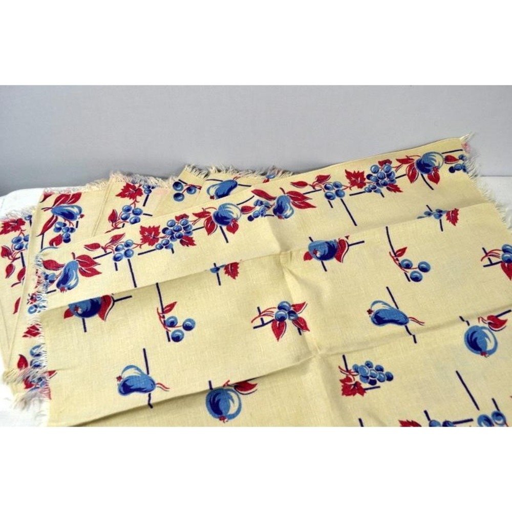 vintage woven fringed‎ printed place mats tea dish towel kitchen flax linens